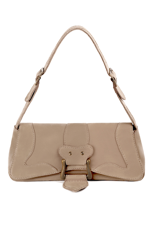 Tan beige women's dress handbag, matching pumps and belts. Top view - Florence KOOIJMAN